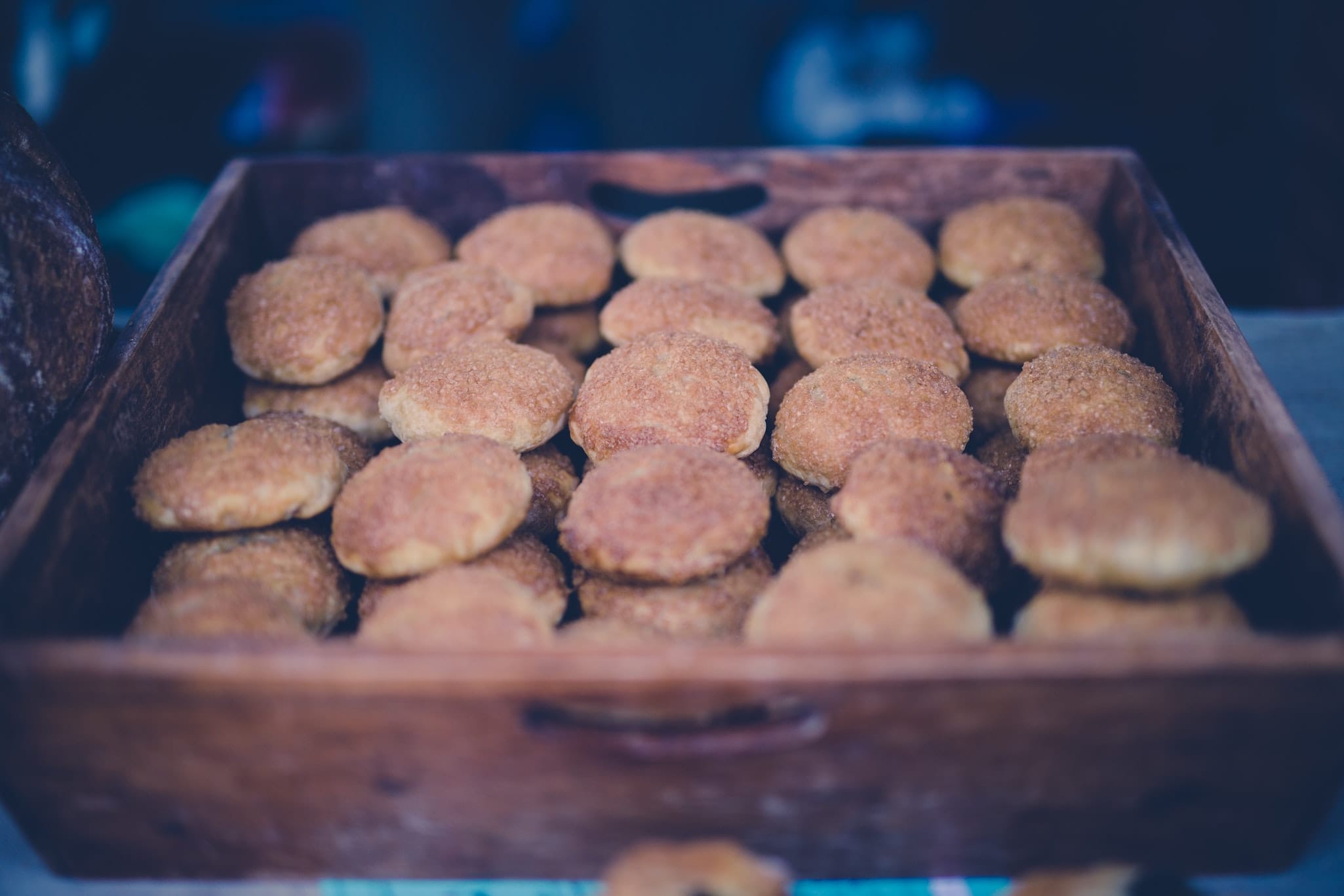 Box of cookies in a wooden baking box