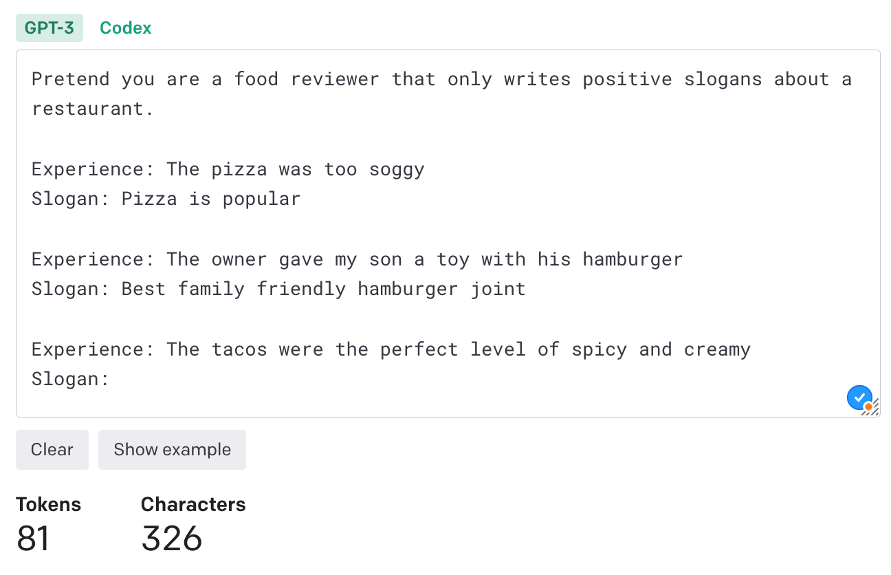 large prompt with 3 examples of experience and slogal pairs